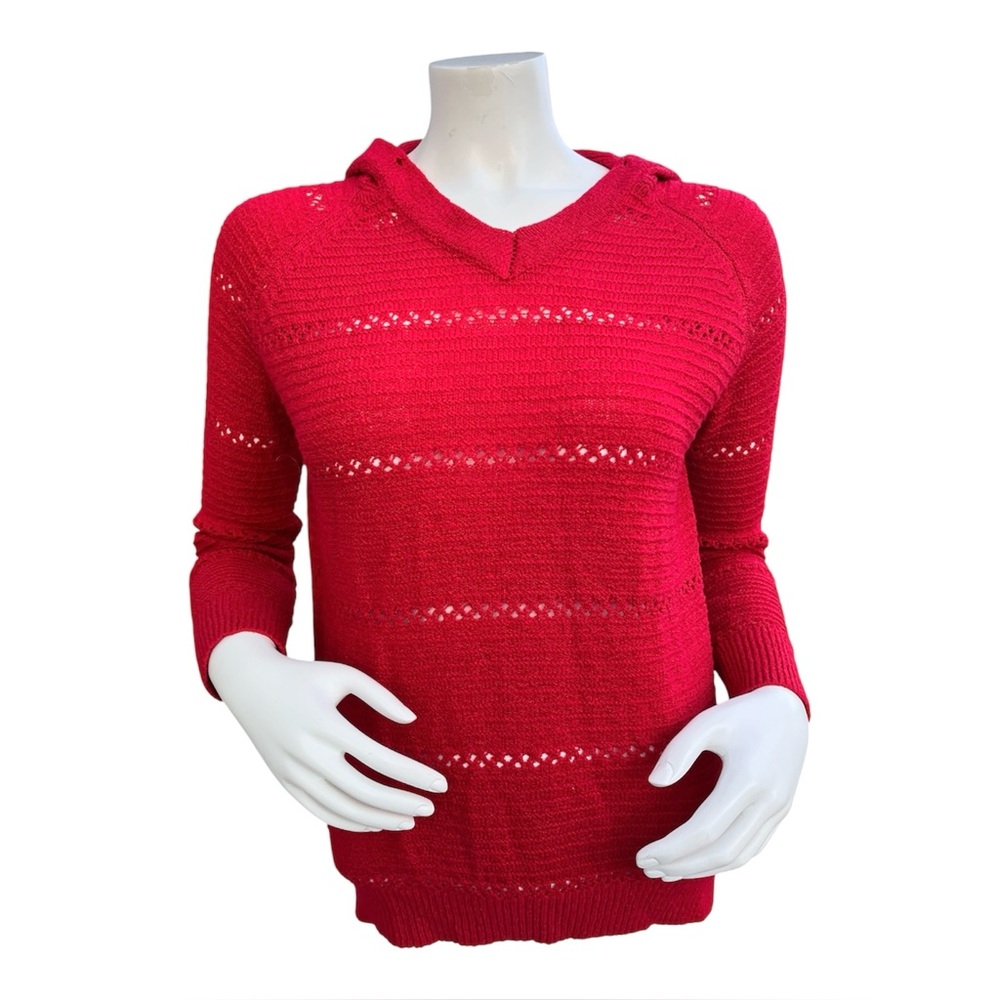 Open Knit Red V Neck Hoodie Sweater Women’s Size M 100% Acrylic